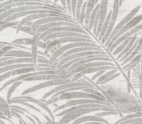 Papier peint effet palmes ton sur ton gris perle : détail de la matière, palmes grises et grain de toile