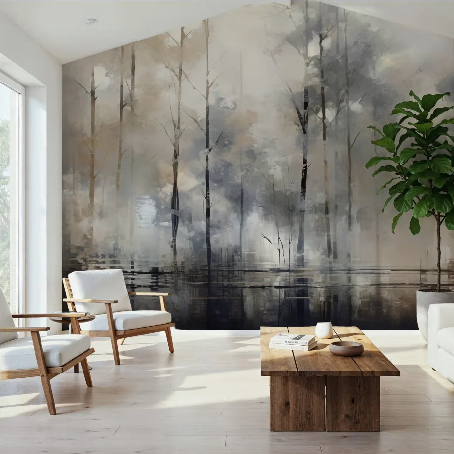 Papier peint panoramique Forêt et lac à l'encre : forêt et lac à l'encre sous un plafond cathédrale, deux fauteuils en bois et une plante