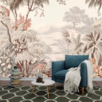 Papier peint panoramique Jungle gravée sépia et terracotta : jungle gravée sépia et terracotta derrière un fauteuil bleu