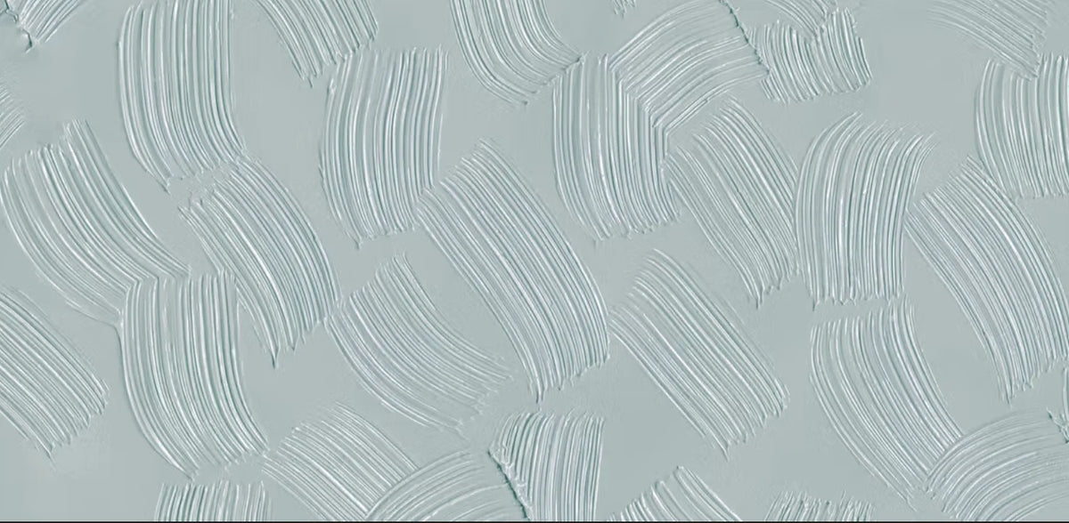 Papier peint effet plâtre peigné vert d'eau : vue du motif, plâtre vert d'eau travaillé en larges coups de peigne