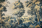 Papier peint panoramique Verdure ancienne bleu et ocre : vue à plat du motif, grands arbres et collines en bleu et ocre, façon tapisserie de verdure