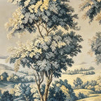 Papier peint panoramique Verdure ancienne bleu et ocre : détail du motif, arbre bleu et ocre devant des collines