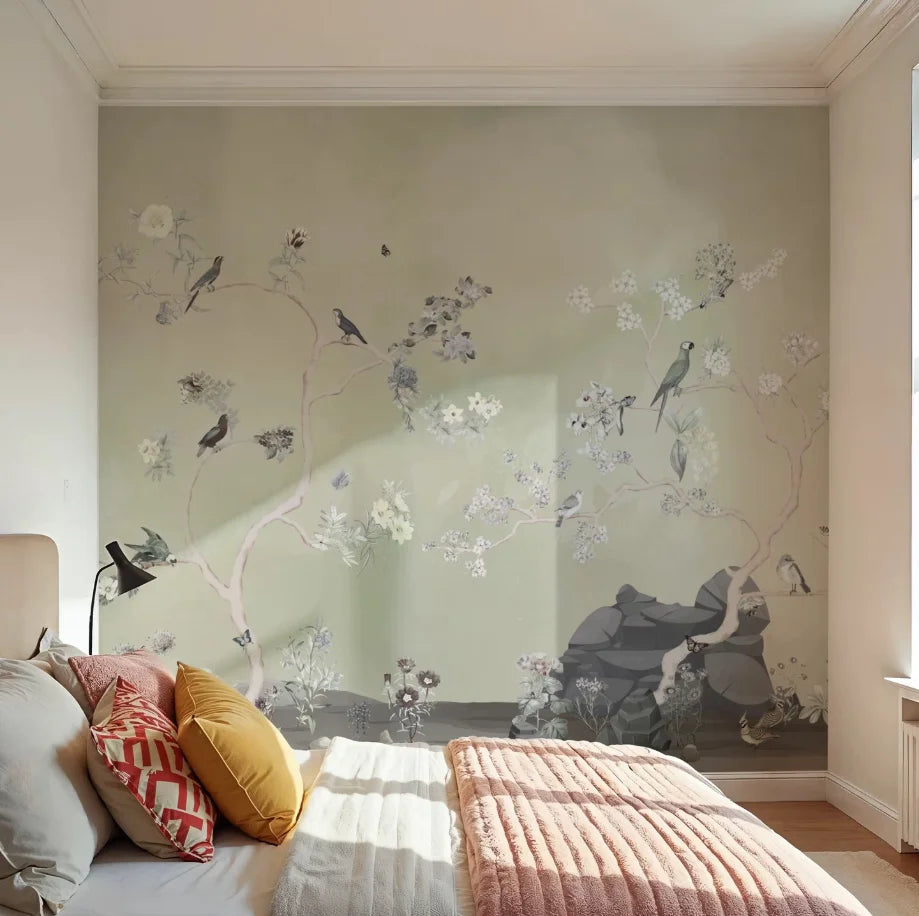 Papier peint panoramique Chinoiserie oiseaux et arbres fleuris vert sauge : chinoiserie vert sauge sur tout le mur d'une chambre baignée de lumière