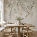 Papier peint panoramique Feuillage de saule et oiseaux sauge : feuillage de saule et oiseaux au-dessus d'une table ronde en bois et d'une banquette