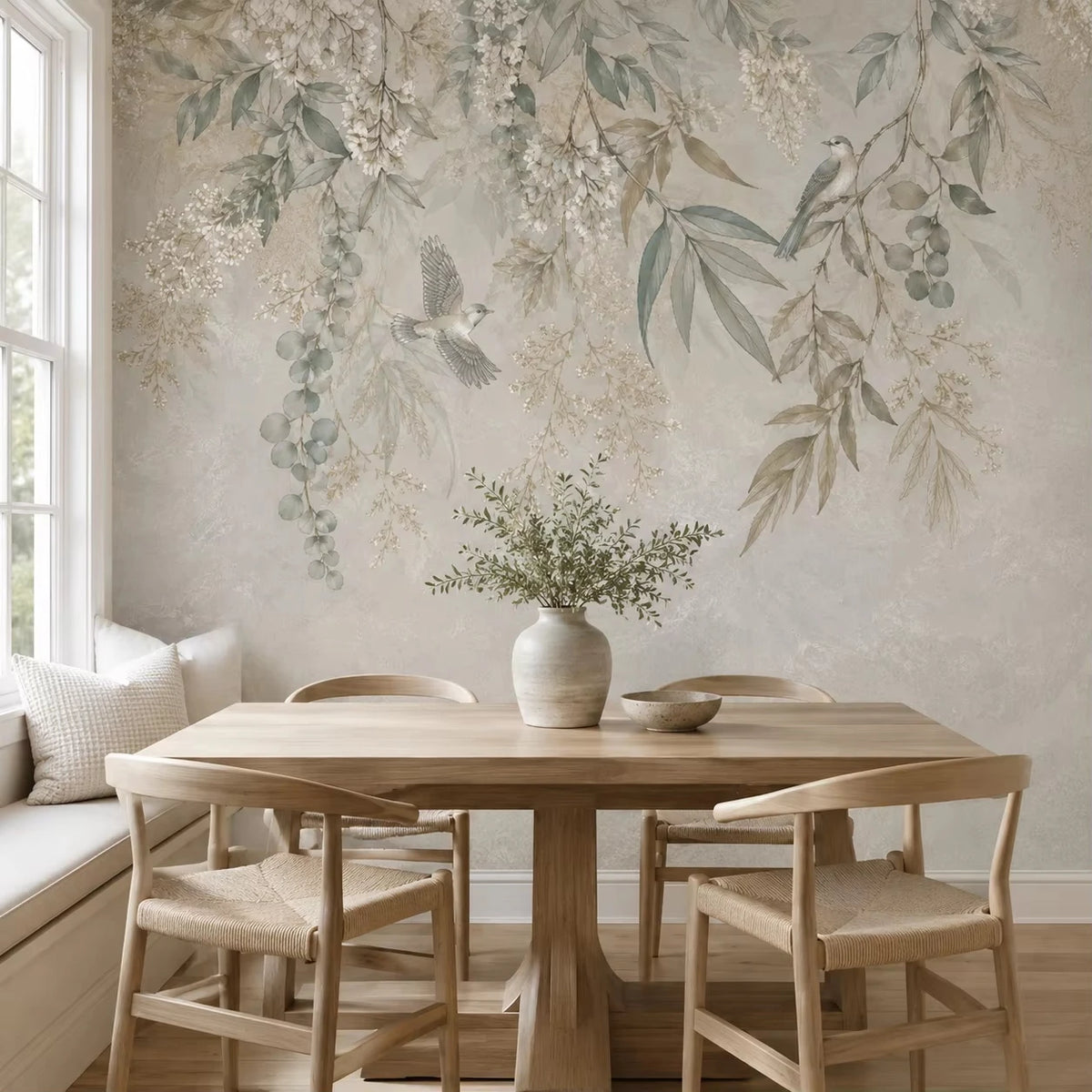 Papier peint panoramique Feuillage de saule et oiseaux sauge : feuillage de saule et oiseaux au-dessus d'une table ronde en bois et d'une banquette