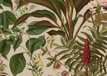 Papier peint panoramique Jungle aux léopards et zèbres, fond sable : détail du motif, léopard caché dans les feuillages