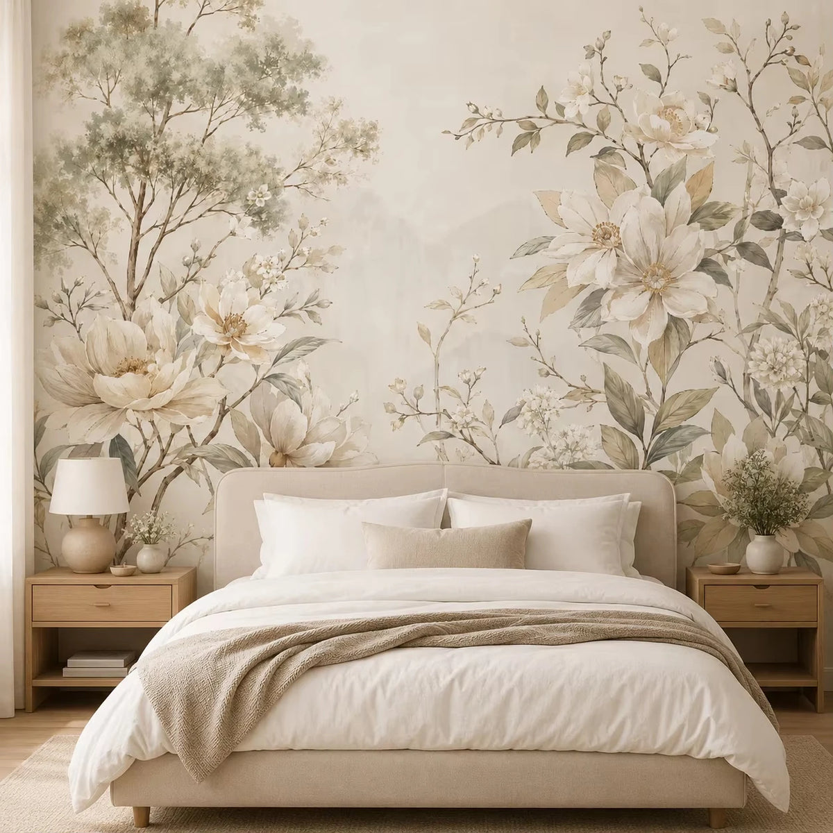 Papier peint panoramique Fleurs peintes crème et sauge : grandes fleurs crème, arbres et feuillages vert sauge peints de part et d'autre d'un lit en lin