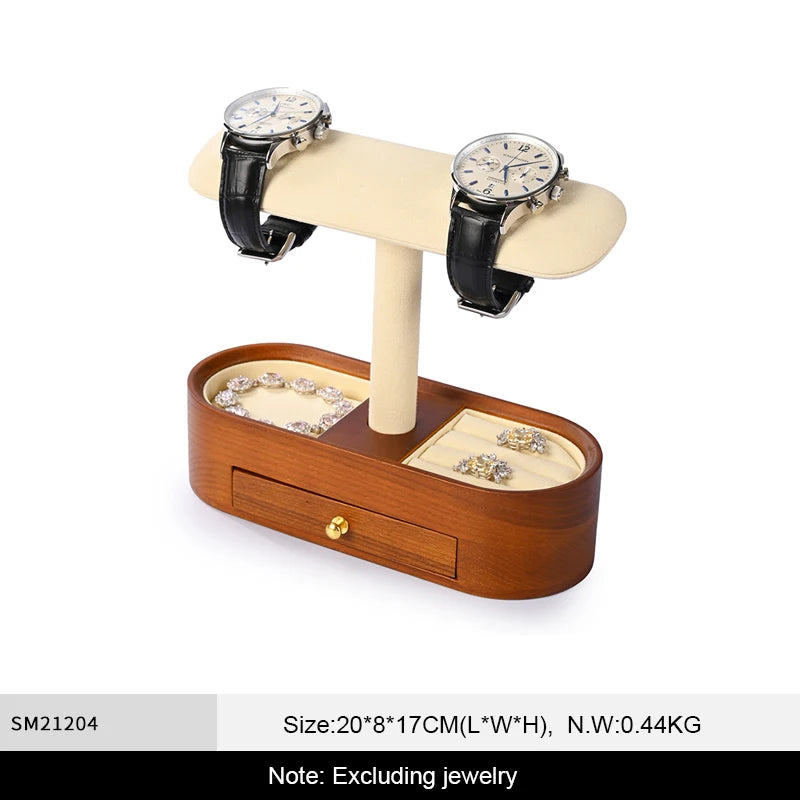 Présentoir Carrure barre à tiroir, deux montres, suédine beige