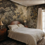 Papier peint panoramique Verdure au château, tapisserie ancienne : verdure aux grands arbres et château lointain dans une chambre, lit en bois ancien et rideaux lin