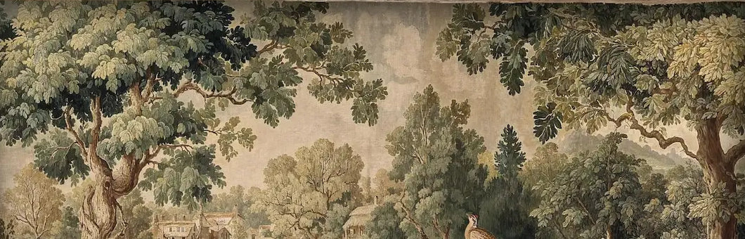 Papier peint panoramique Clairière et rivière, tapisserie ancienne : vue du motif, arbres touffus, rivière et oiseau sur une branche