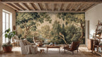 Papier peint panoramique Clairière et rivière, tapisserie ancienne : clairière et rivière façon tapisserie ancienne dans un salon aux poutres en bois, fauteuils crème