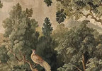 Papier peint panoramique Clairière et rivière, tapisserie ancienne : détail du motif, oiseau posé sur une branche dans les feuillages