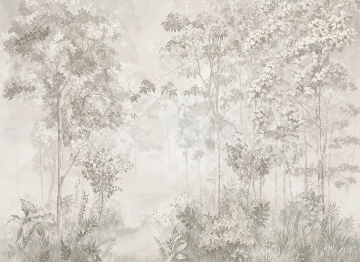 Papier peint panoramique Sous-bois léger lin et sauge : vue à plat, arbres fins et feuillages légers en lin et sauge