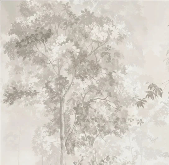 Papier peint panoramique Sous-bois léger lin et sauge : détail du motif, feuillages lin