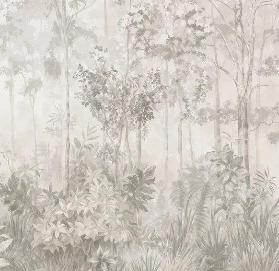 Papier peint panoramique Sous-bois léger lin et sauge : détail du motif, sous-bois sauge
