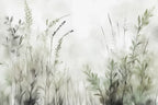 Papier peint panoramique Herbes folles vert sauge : vue à plat du motif, graminées vert sauge à l'aquarelle sur fond beige