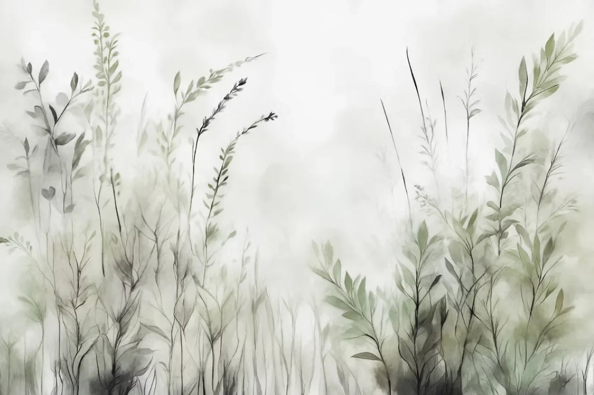 Papier peint panoramique Herbes folles vert sauge : vue à plat du motif, graminées vert sauge à l'aquarelle sur fond beige