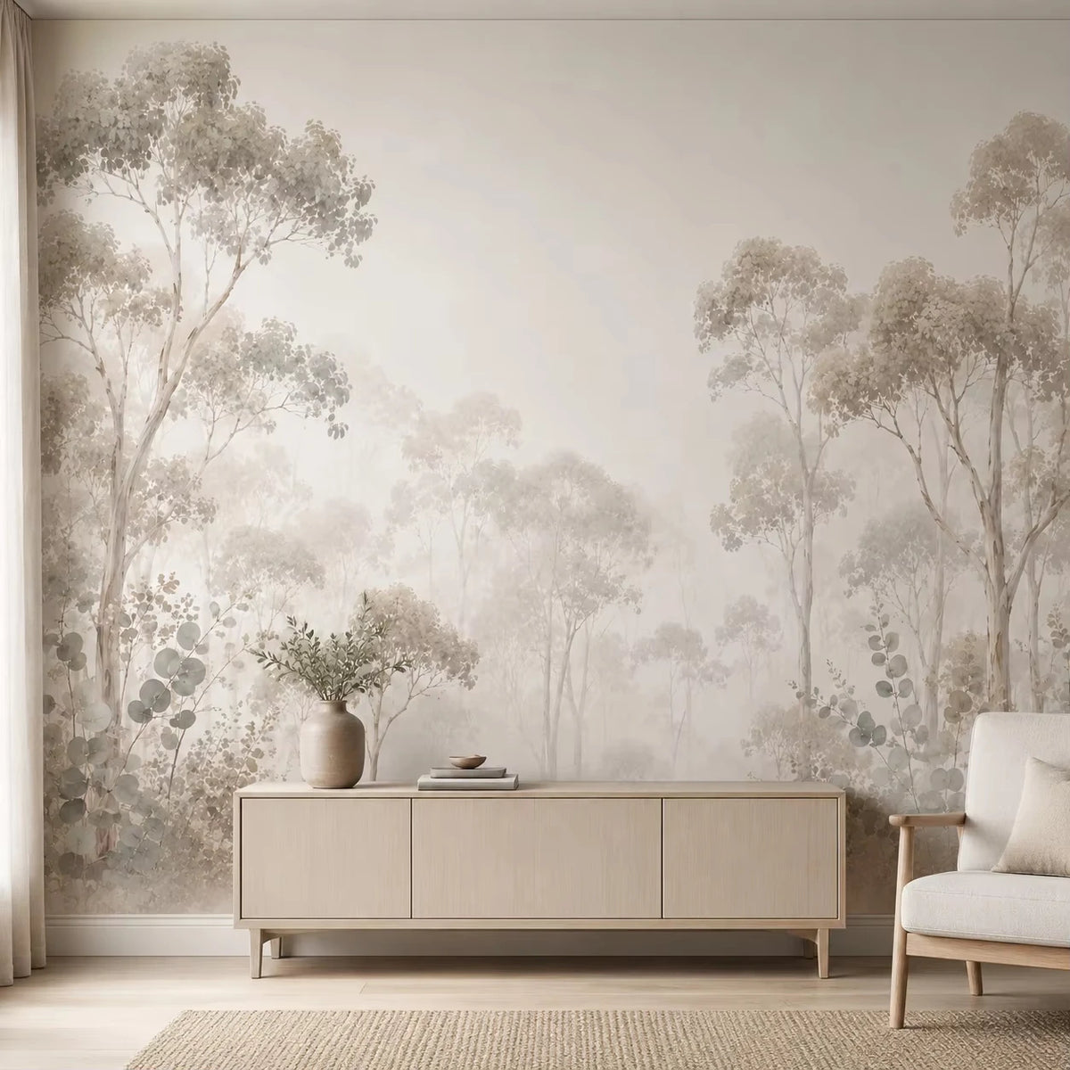 Papier peint panoramique Eucalyptus dans la brume : eucalyptus dans la brume au-dessus d'une console en bois clair
