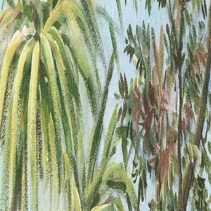 Papier peint panoramique Jungle peinte à l'ancienne : détail du motif, palmes peintes à touches épaisses