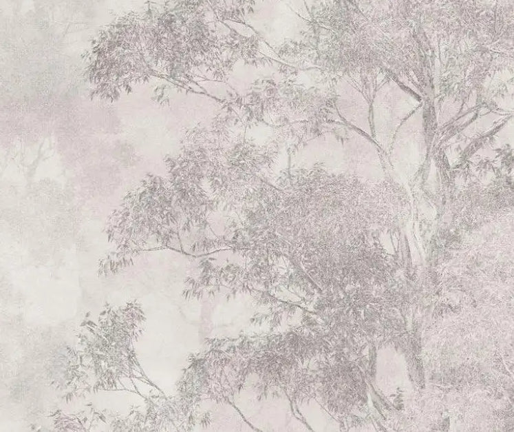 Papier peint panoramique Frondaisons dans la brume rose poudré : détail du motif, frondaisons rose poudré