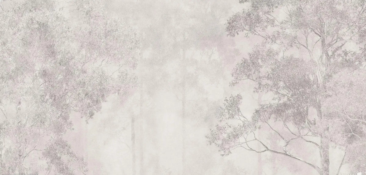 Papier peint panoramique Frondaisons dans la brume rose poudré : vue à plat, frondaisons estompées dans une brume rose poudré