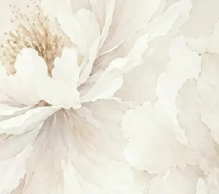 Papier peint panoramique Pivoines ivoire : détail du motif, cœur doré d'une pivoine ivoire