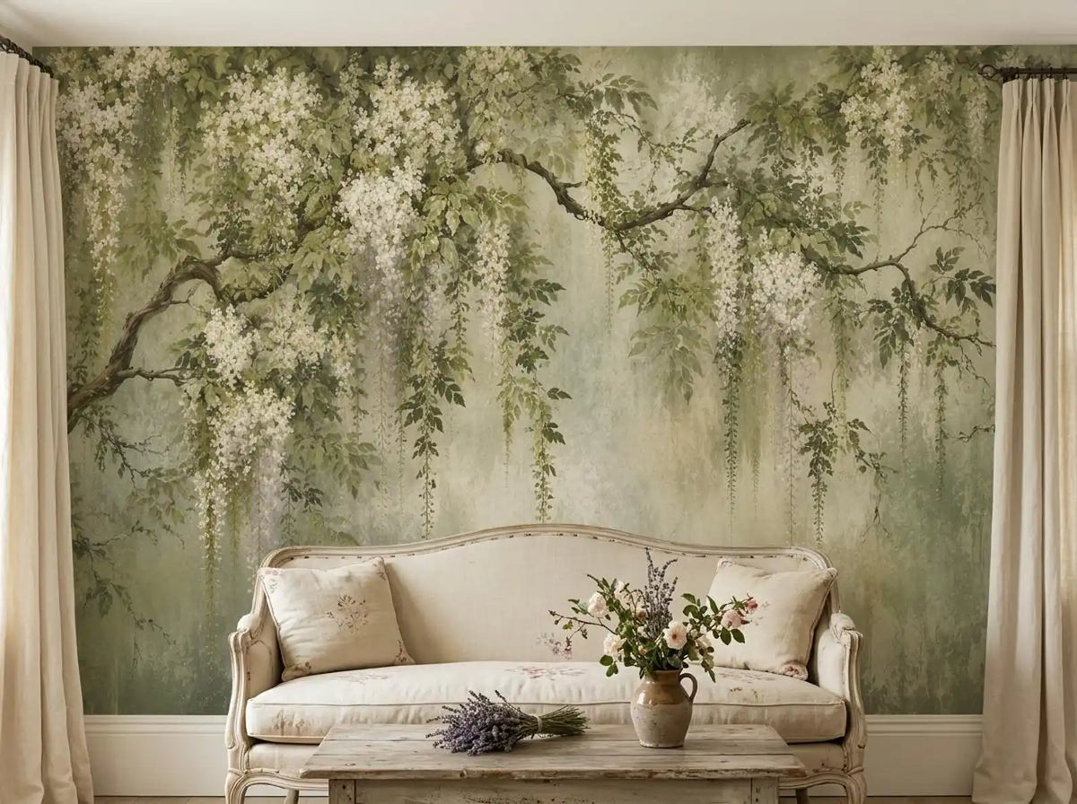 Papier peint panoramique Grand arbre fleuri vert sauge : grand arbre aux grappes de fleurs blanches sur fond vert sauge patiné, posé dans un salon