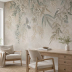 Papier peint panoramique Feuillage de saule et oiseaux sauge : feuillage de saule et oiseaux dans un bureau, fauteuil et bureau en bois clair