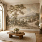 Papier peint panoramique Paysage italien sépia : paysage peint à l'ancienne en sépia : grand arbre, lac, cyprès, balustrade et montagnes, dans un salon à fenêtre cintrée