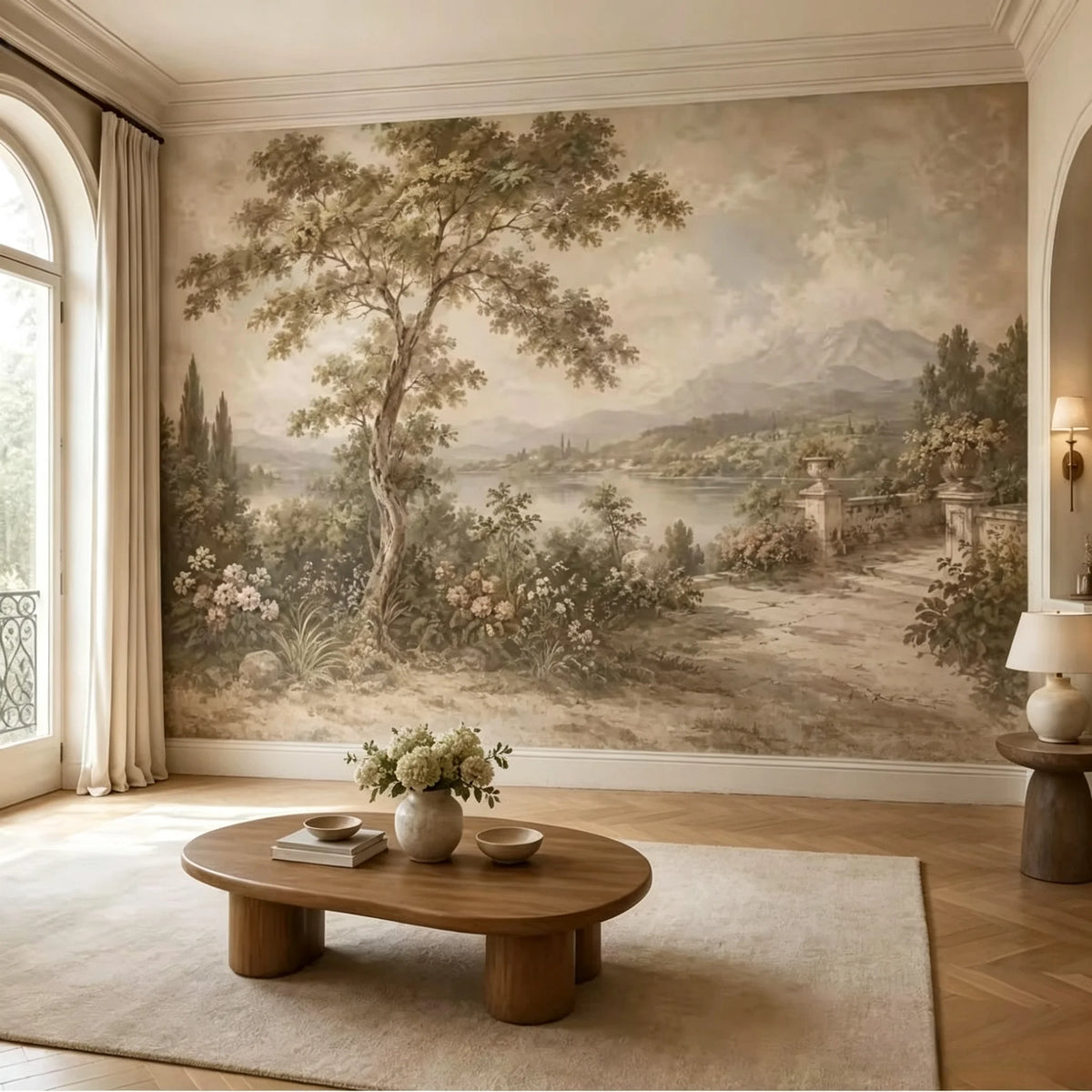 Papier peint panoramique Paysage italien sépia : paysage peint à l'ancienne en sépia : grand arbre, lac, cyprès, balustrade et montagnes, dans un salon à fenêtre cintrée