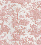 Papier peint panoramique Toile de Jouy vieux rose : vue à plat, scènes pastorales, palmiers et animaux dessinés en vieux rose sur fond écru