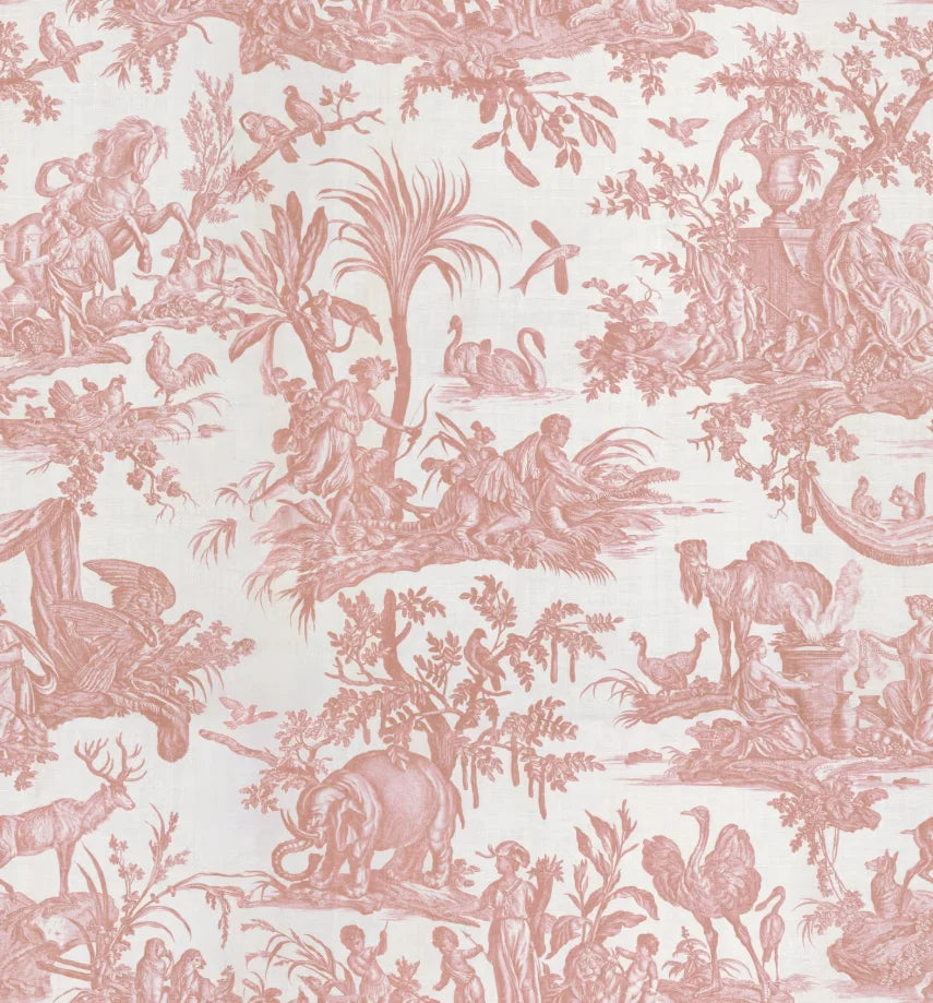 Papier peint panoramique Toile de Jouy vieux rose : vue à plat, scènes pastorales, palmiers et animaux dessinés en vieux rose sur fond écru