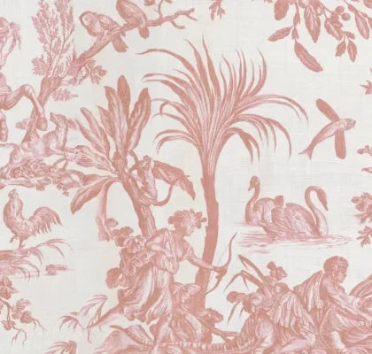 Papier peint panoramique Toile de Jouy vieux rose : détail du motif, palmier, cygnes et personnages au trait vieux rose