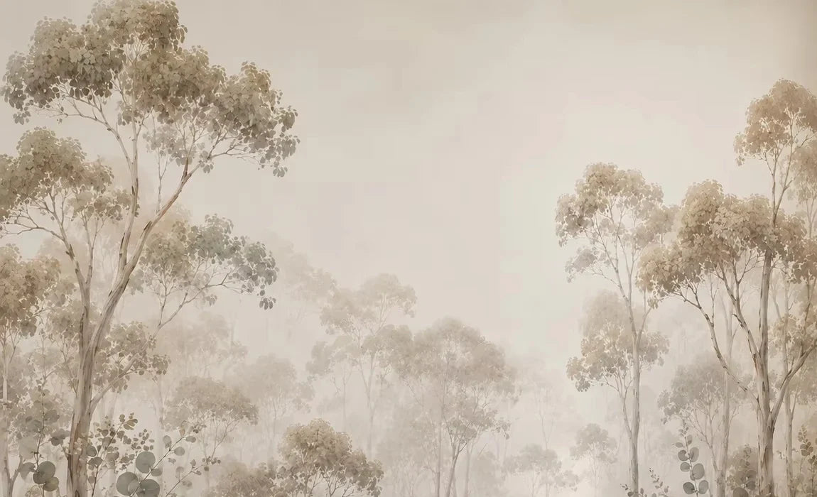 Papier peint panoramique Eucalyptus dans la brume : vue du motif, eucalyptus et feuillages peints dans une brume beige