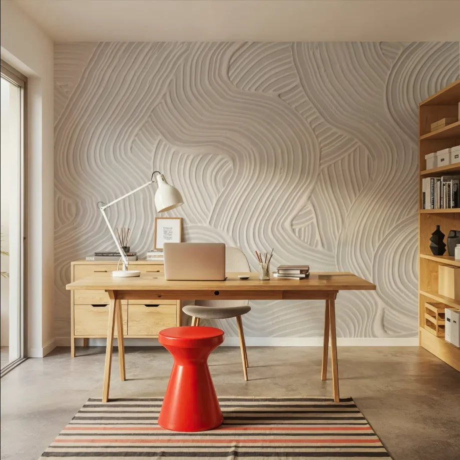 Papier peint effet plâtre peigné blanc cassé : effet plâtre peigné blanc cassé, posé dans un bureau
