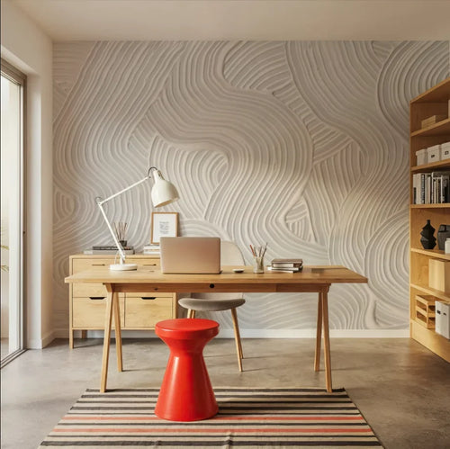 Papier peint effet plâtre peigné blanc cassé : effet plâtre peigné blanc cassé, posé dans un bureau