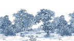 Papier peint panoramique Bosquets gravés bleu faïence : vue à plat, bosquets et grands arbres gravés en bleu faïence sur fond blanc