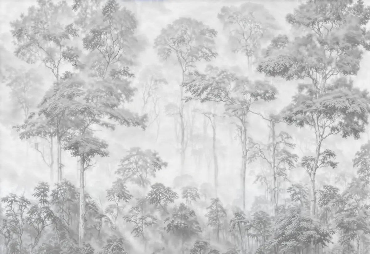 Papier peint panoramique Forêt gravée gris perle dans la brume : vue à plat, forêt gravée en gris perle, arbres et feuillages estompés dans la brume