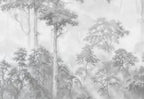 Papier peint panoramique Forêt gravée gris perle dans la brume : détail du motif, sous-bois dans la brume