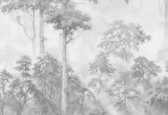 Papier peint panoramique Forêt gravée gris perle dans la brume : détail du motif, sous-bois dans la brume