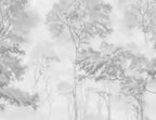 Papier peint panoramique Forêt gravée gris perle dans la brume : détail du motif, feuillages gravés gris perle