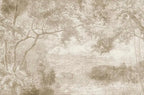 Papier peint panoramique Étang gravé dans la forêt sépia : vue à plat, grands arbres gravés autour d'un étang, en sépia sur fond crème