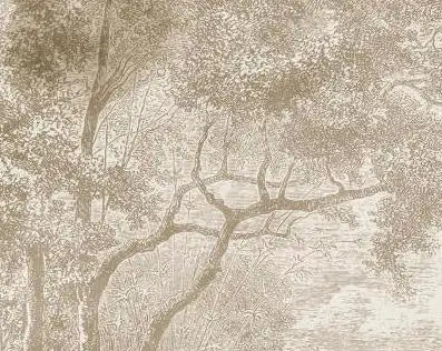 Papier peint panoramique Étang gravé dans la forêt sépia : détail du motif, ramures gravées sépia