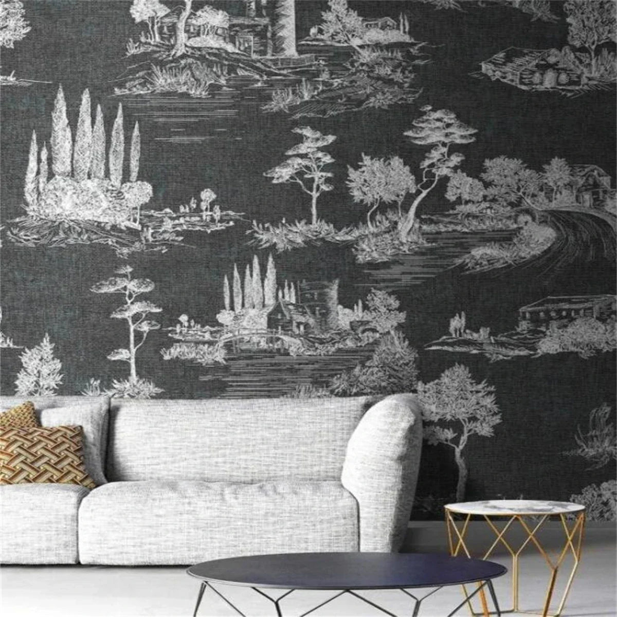 Papier peint panoramique Toile paysagère noire : paysage gravé en blanc sur fond noir, villas et cyprès, posé dans un salon