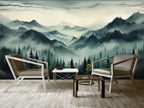 Papier peint panoramique Montagnes boisées dans la brume : montagnes boisées dans la brume, sapins vert profond sous un ciel crème, posé dans un salon