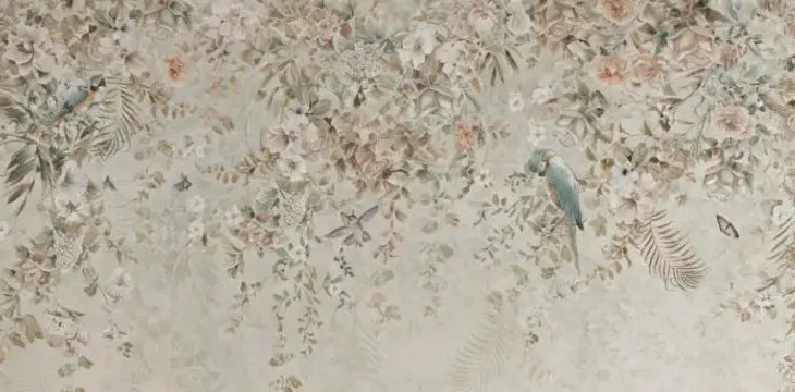 Papier peint panoramique Jardin suspendu vert-de-gris : vue du motif, fleurs et feuillages suspendus, perruches bleu pâle