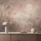 Papier peint panoramique Lune et herbes folles vieux rose : lune et herbes folles vieux rose au-dessus d'un buffet