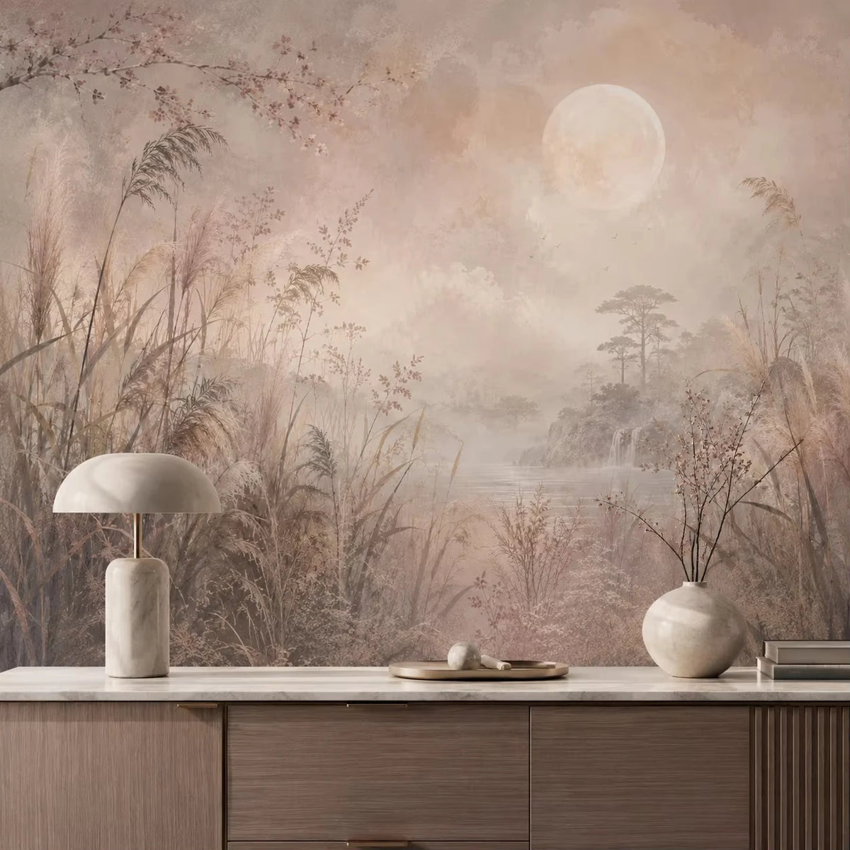 Papier peint panoramique Lune et herbes folles vieux rose : lune et herbes folles vieux rose au-dessus d'un buffet