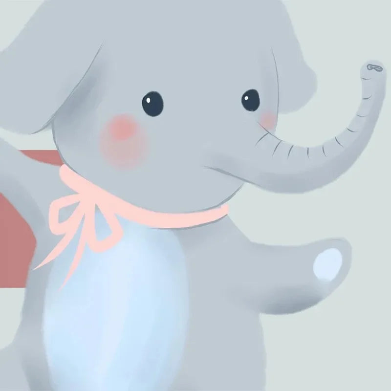 Papier peint panoramique Montgolfières et animaux pastel : détail du motif, petit éléphant gris au nœud rose