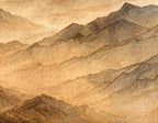 Papier peint panoramique Montagnes sépia dans la brume : détail du motif, versants ocre et terre de Sienne